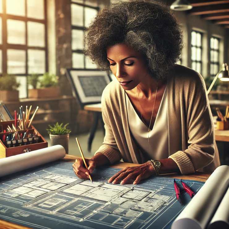 African-american woman constructing a blueprint. She is focused and determined.