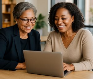 a business coach sitting at a table with a laptop teaching an entrepreneur woman